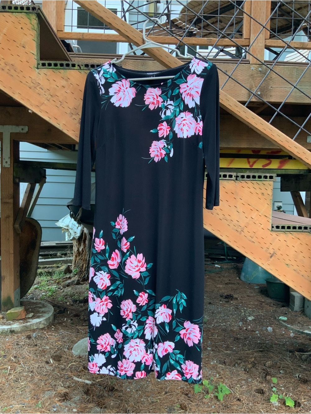 Roz & Ali Black Midi Dress with Pink Floral Print